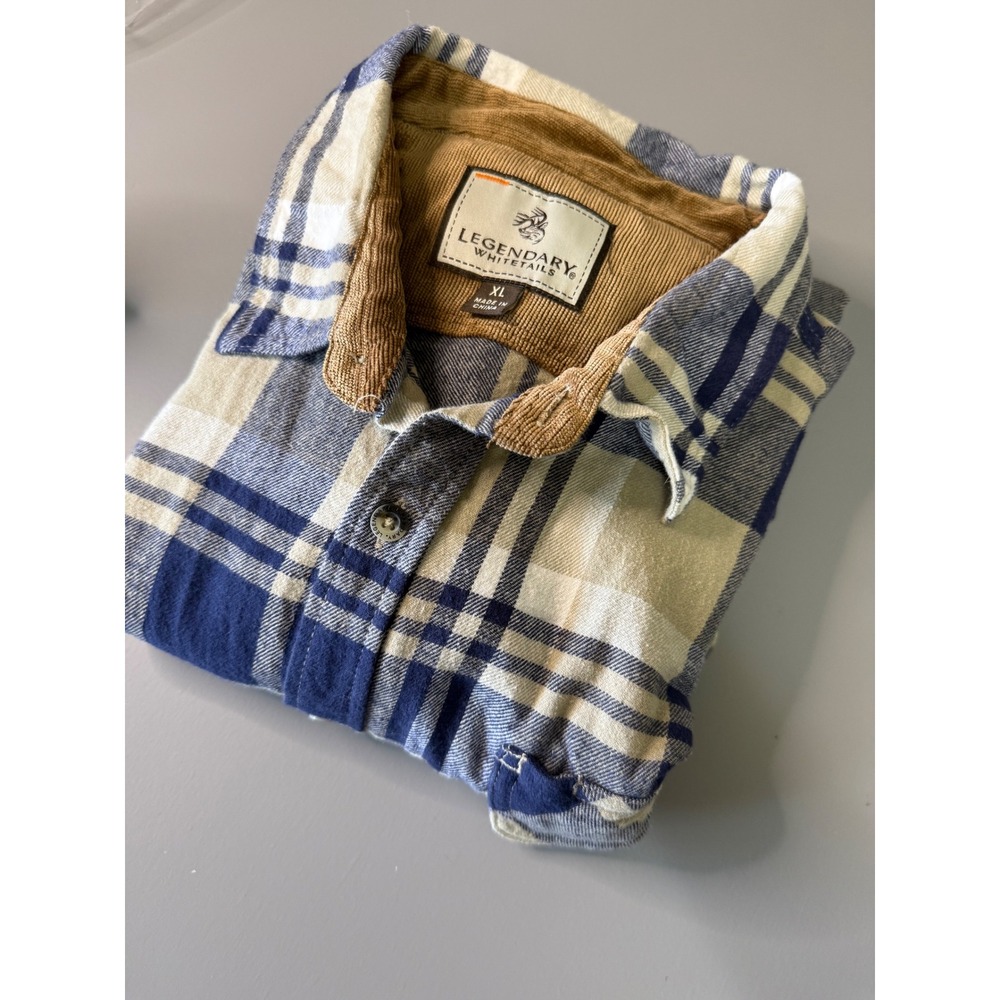 Legendary Whitetails Mens XL Blue Plaid Flannel Shirt Corduroy Trim Cotton